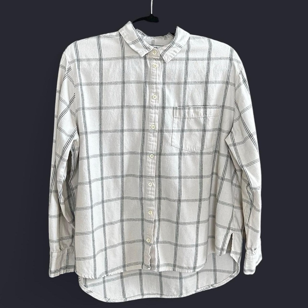 MADEWELL COTTON PLAID FLANNEL BUTTON UP SHIRT LONG SLEEVE in Cream/Green Size-L
